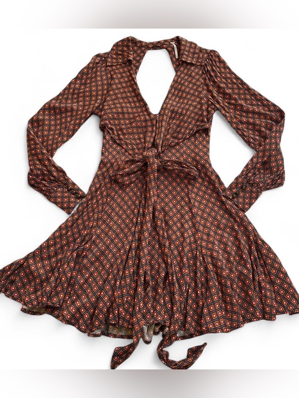 Free People It Takes Two Mini Dress S Brown Geometric 70s Open Back Boho